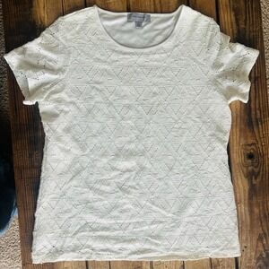 Marc New York White Geometric Lace Short Sleeve Blouse Top Large